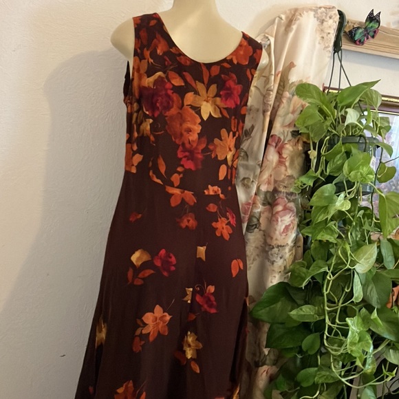 Vintage Dress Rabbit Design Brown Floral Design 2 Piece Orange Tan Red Maxi - Picture 7 of 16